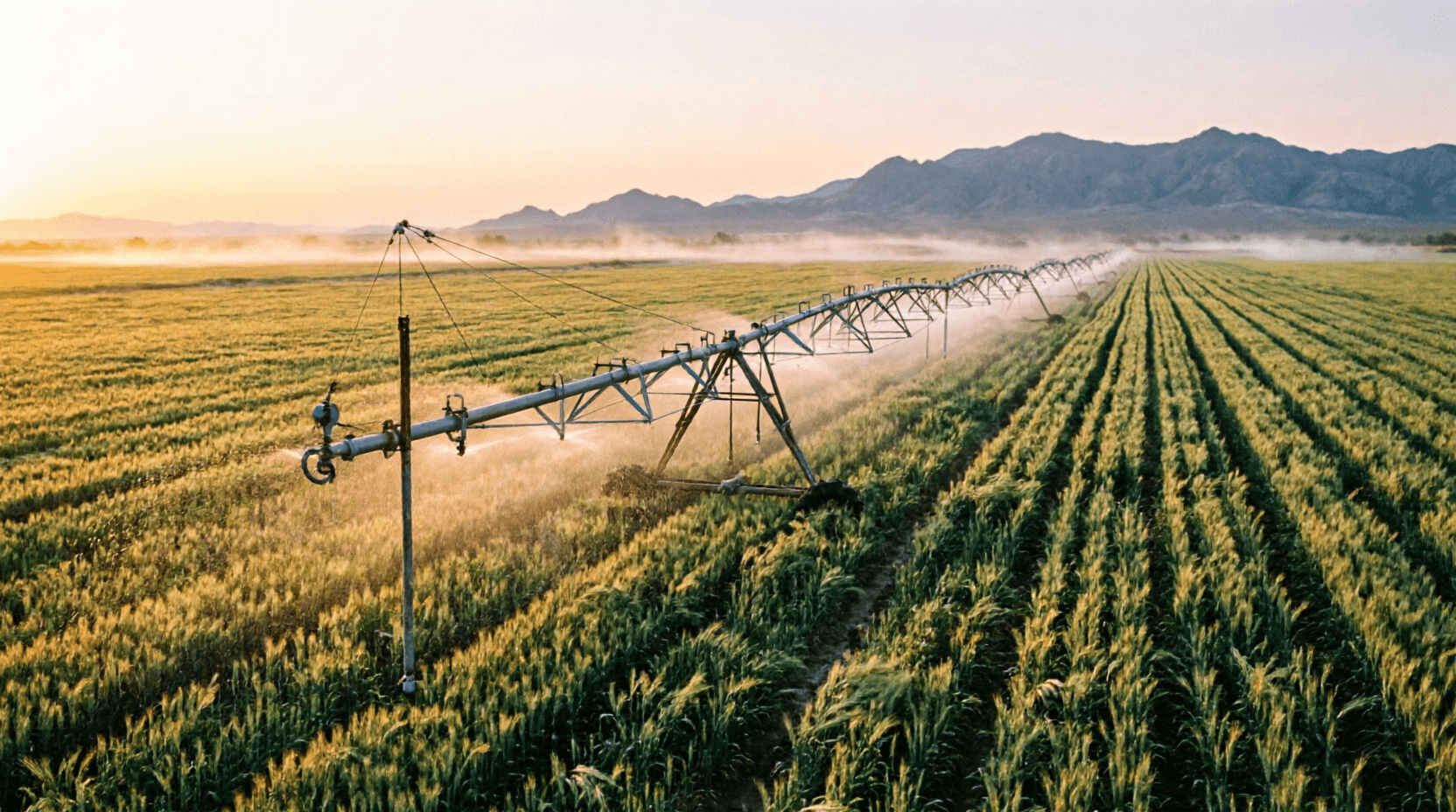 Campos agrícolas del valle del Yaqui con sistema de riego al amanecer