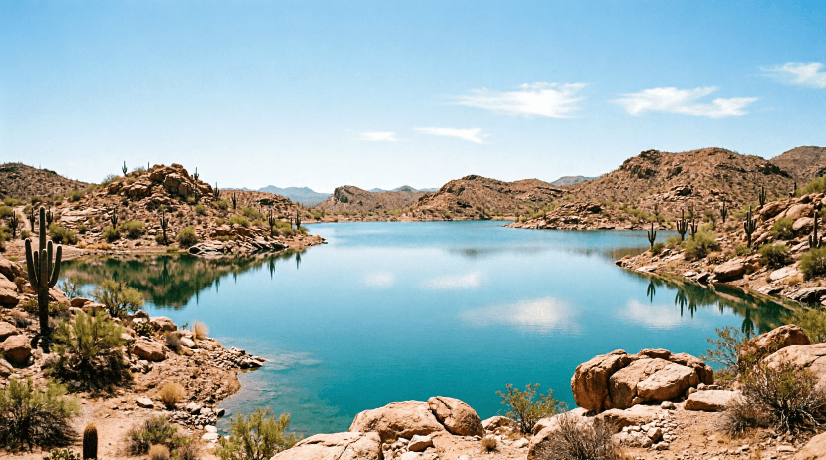 Presa con agua cristalina rodeada de cerros del desierto sonorense